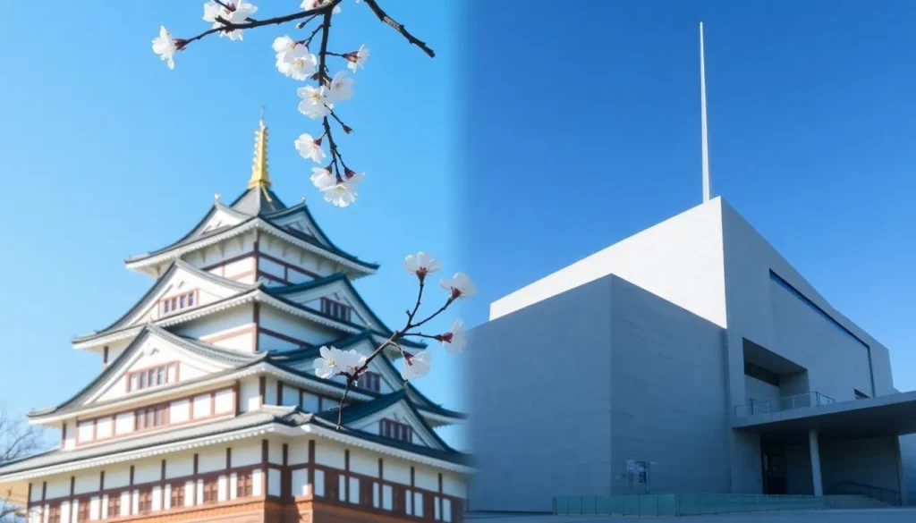 Japońska architektura – kolaż przedstawiający tradycyjny, biały zamek Himeji i nowoczesny, minimalistyczny budynek z betonu.
