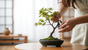 Kobieta z pasją przycinająca nożyczkami małe drzewko bonsai, co pokazuje, czym jest sztuka i pielęgnacja rośliny bonsai.