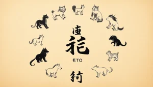 Dwanaście zwierząt tworzących japońskie znaki zodiaku, narysowanych w tradycyjnym stylu wokół znaku kanji, symbolizujących horoskop Eto.