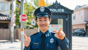Przyjazny funkcjonariusz policji w Japonii przed charakterystycznym posterunkiem kōban, co obrazuje jej pomocną rolę w społeczeństwie.