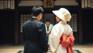 Para młoda w tradycyjnych strojach podczas ceremonii zaślubin w chramie shinto – tak wygląda ślub w Japonii.