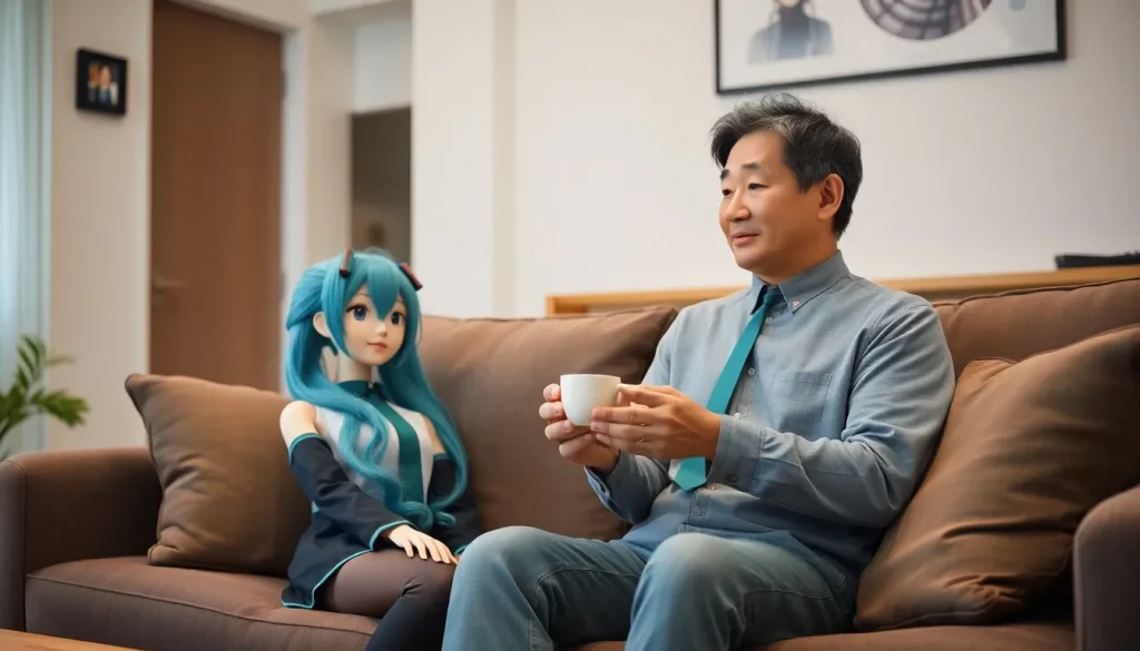 Mężczyzna siedzący na kanapie obok naturalnej wielkości lalki Hatsune Miku, co symbolizuje zjawisko, jakim jest ślub z lalką w Japonii.