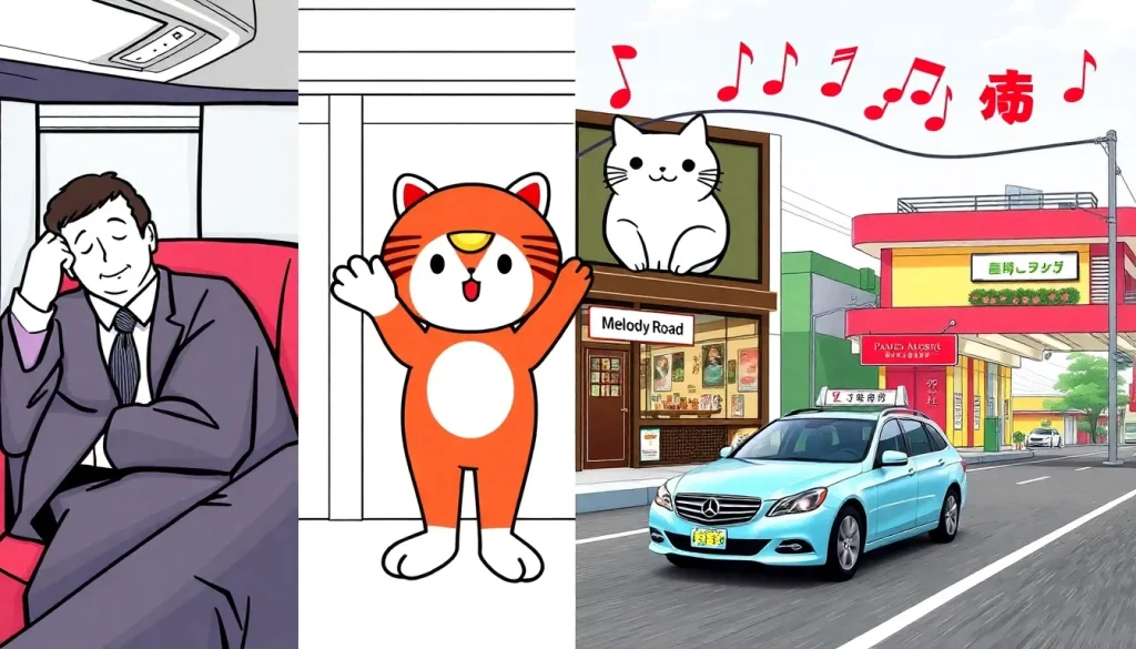 Kolaż przedstawiający śpiącego Japończyka, maskotkę yuru-chara i grającą drogę, czyli nietypowa i ciekawa ciekawostka o Japonii.