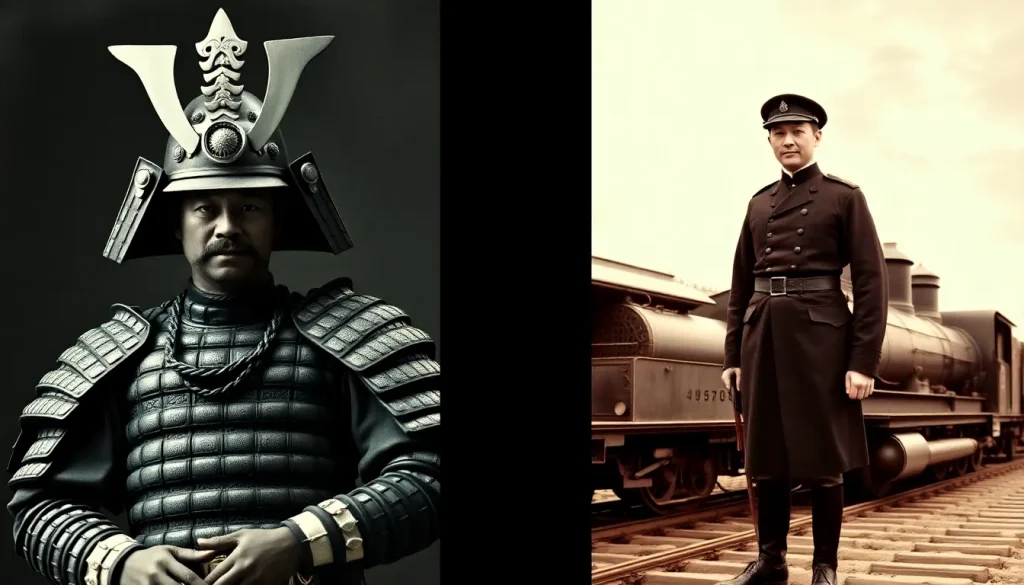 Mężczyzna w stroju z epoki Meiji na tle pociągu, symbolizujący gwałtowne reformy Meiji i modernizację Japonii.
