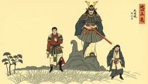 Struktura społeczna feudalnej Japonii – artystyczne przedstawienie samuraja, chłopa i kupca w dawnej Japonii.