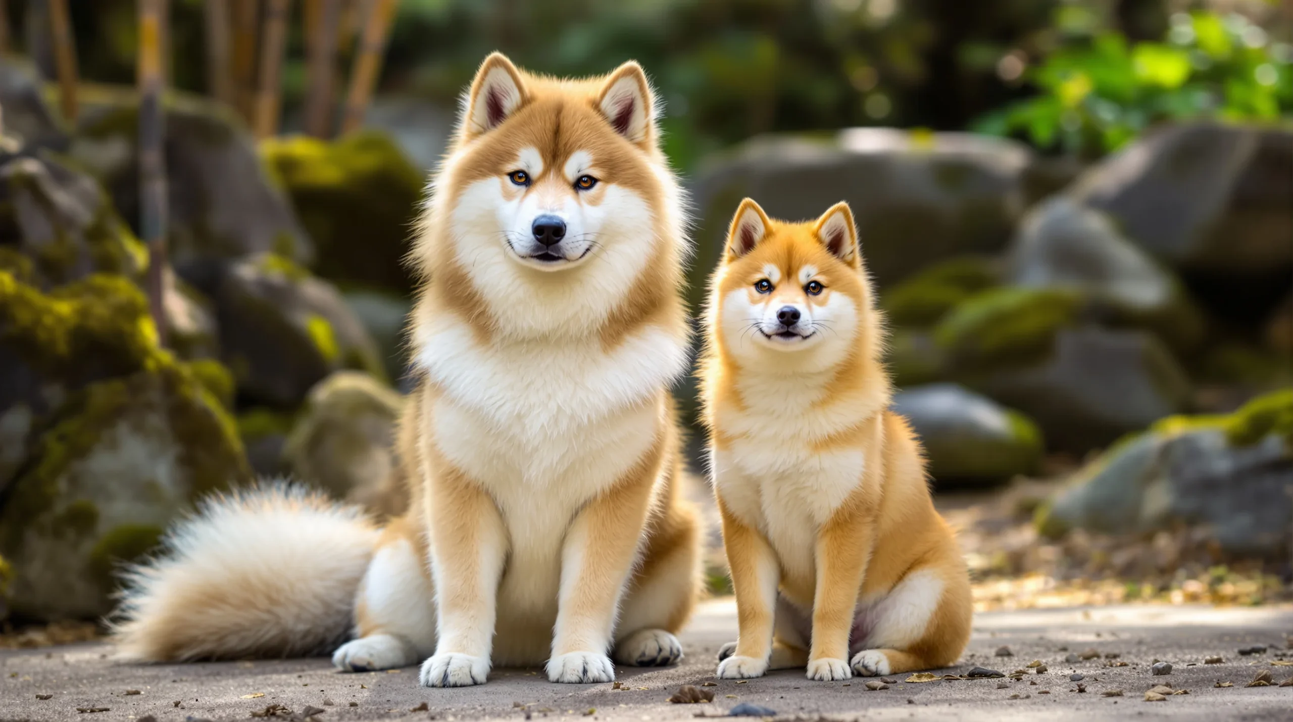 Dwa japońskie psy – duża Akita Inu i mniejsza Shiba Inu – siedzące w ogrodzie, reprezentujące najpopularniejsze rasy psów japońskich.