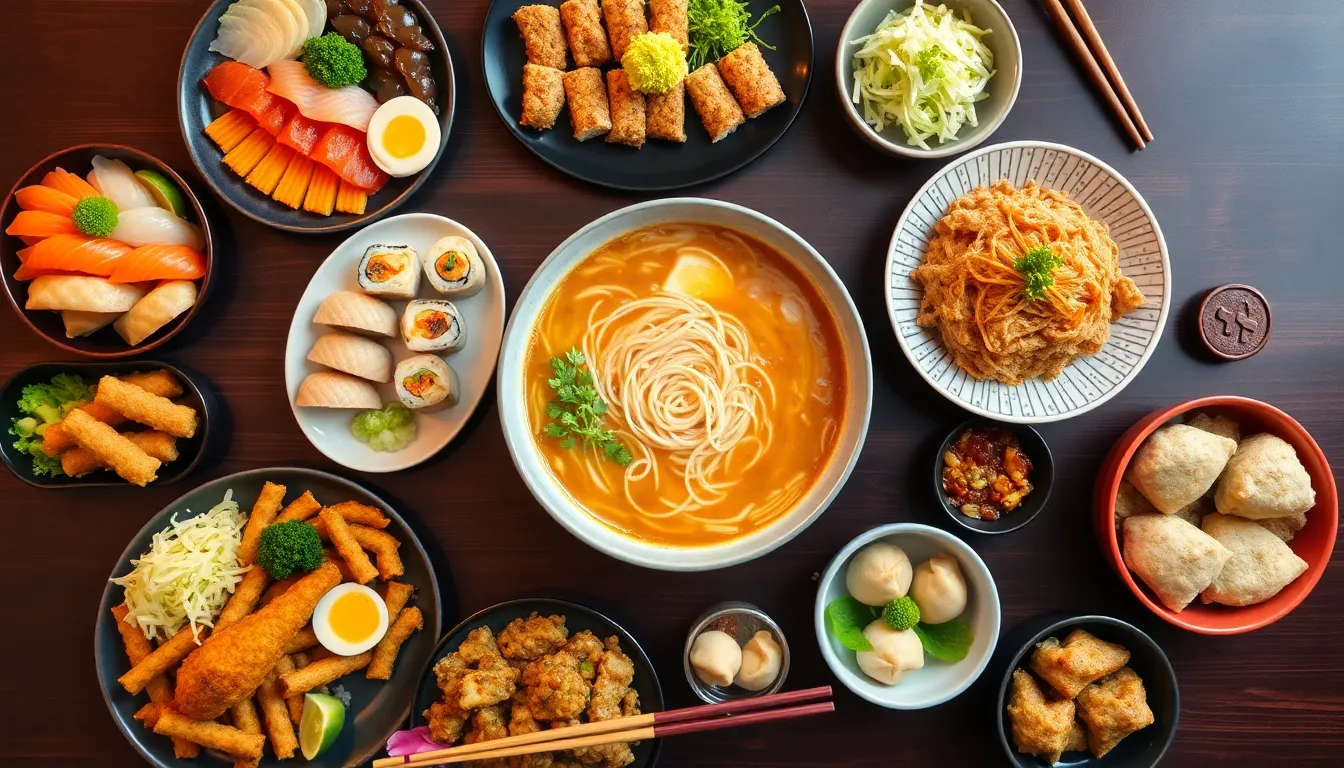 Różnorodne japońskie potrawy na stole, w tym ramen i sushi, pokazujące najpopularniejsze dania kuchni japońskiej.