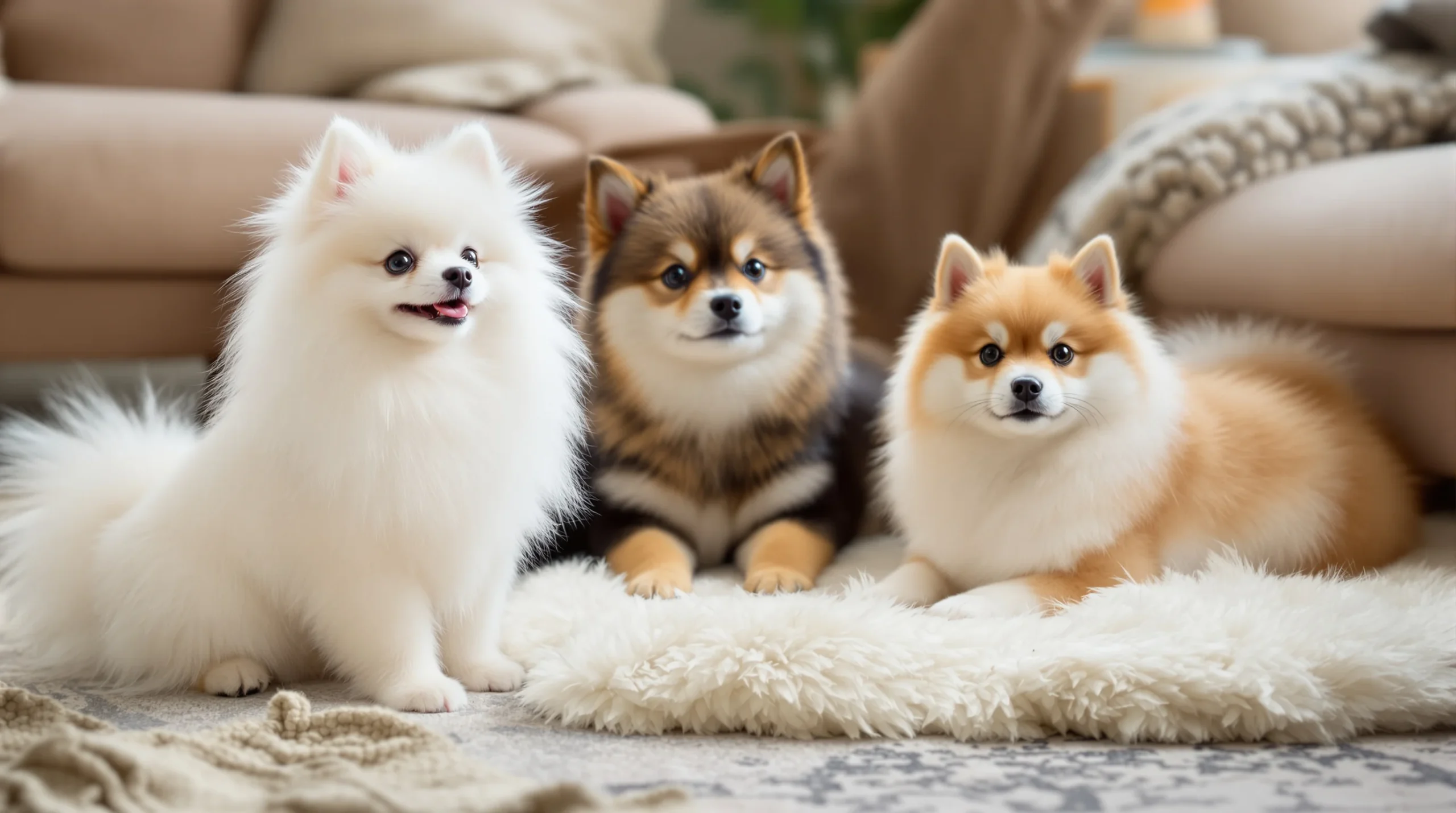 Trzy małe pieski japońskie – Spitz Japoński, Chin Japoński i Shiba Inu – w domowym otoczeniu, idealne do mieszkania.