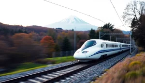 Szybki pociąg Shinkansen pędzący przez japoński krajobraz z górą Fudżi w tle, symbolizujący nowoczesne i punktualne pociągi w Japonii.