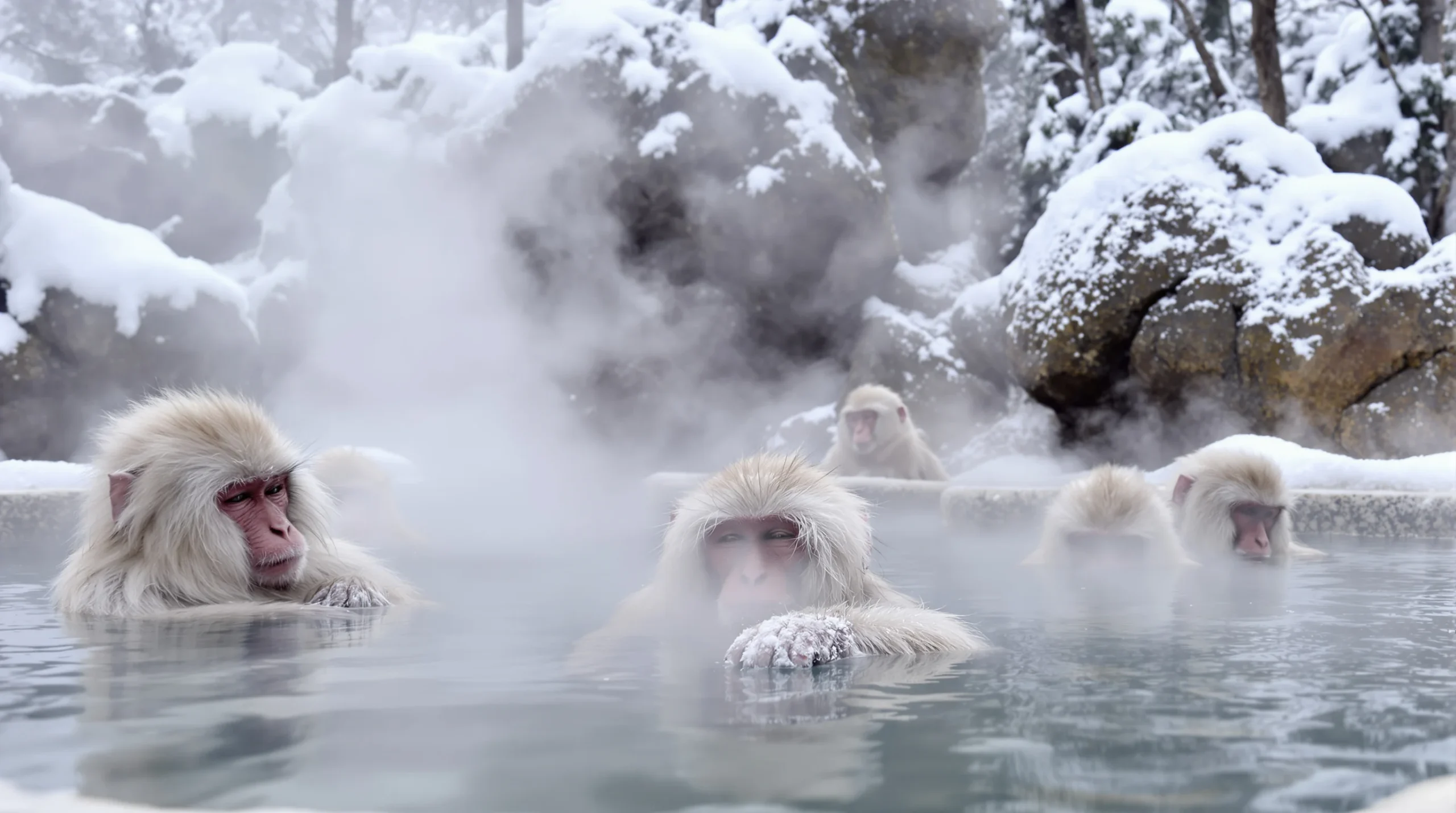 Śnieżne małpy (makaki japońskie) relaksujące się w gorących źródłach (onsen) zimą w Jigokudani Monkey Park.