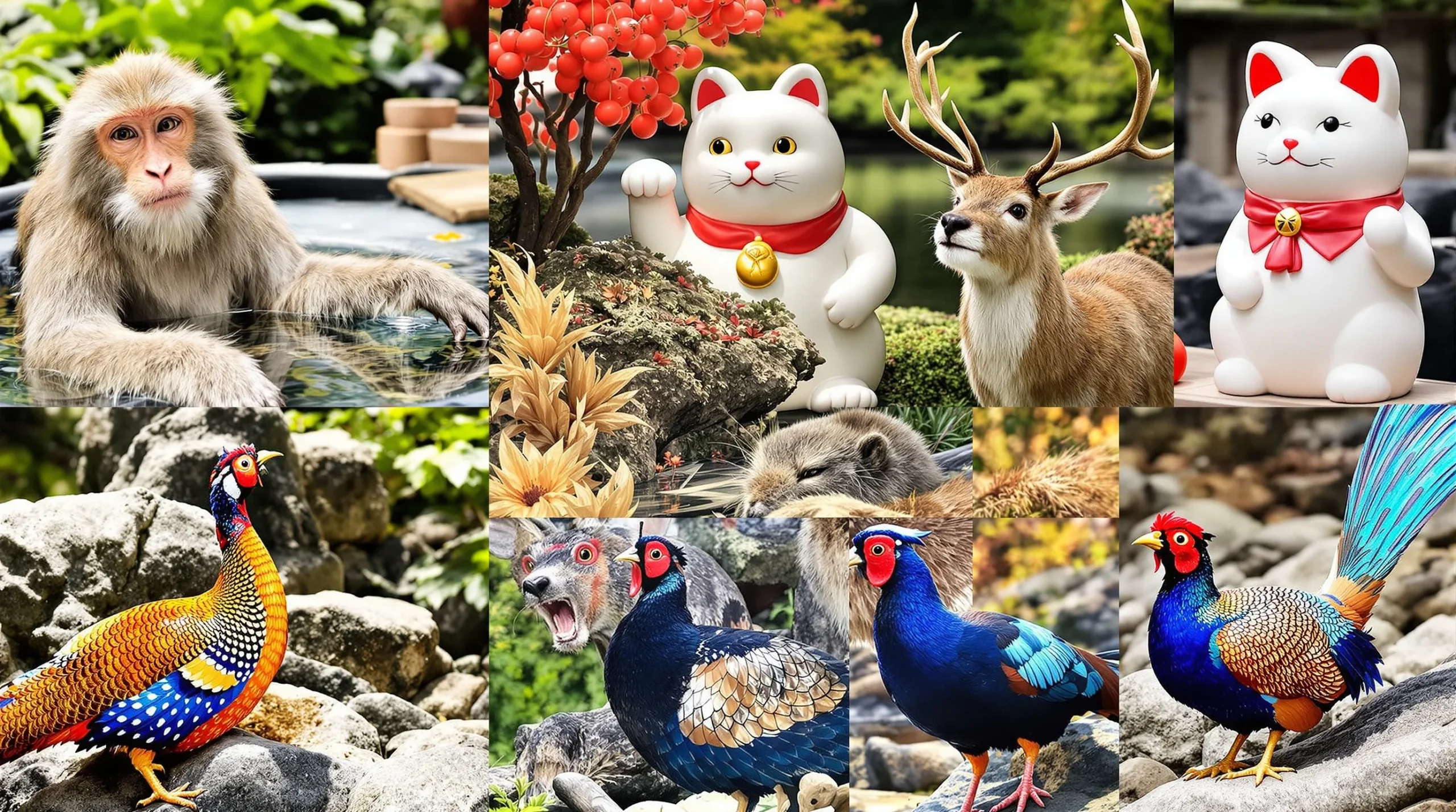 Różnorodne zwierzęta w Japonii – kolaż przedstawiający makaka japońskiego, jelenia sika, kota Maneki-neko i inne japońskie zwierzęta.